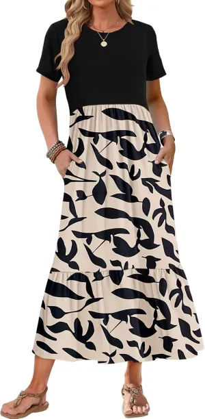 AUSELILY Womens Summer Dresses 2025 Short Sleeve Maxi Dress Crewneck Casual Sundresses with Pockets
