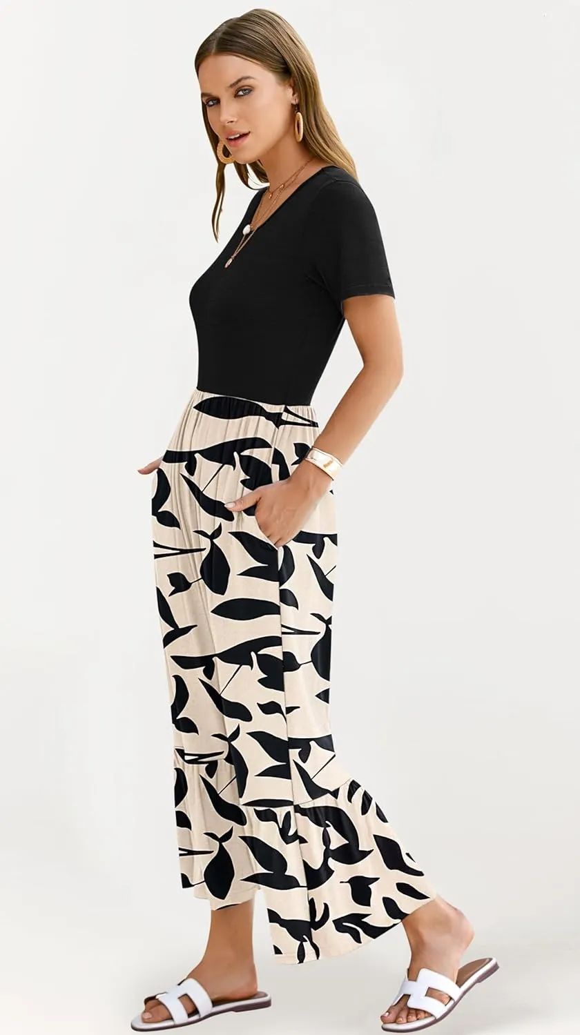 AUSELILY Womens Summer Dresses 2025 Short Sleeve Maxi Dress Crewneck Casual Sundresses with Pockets