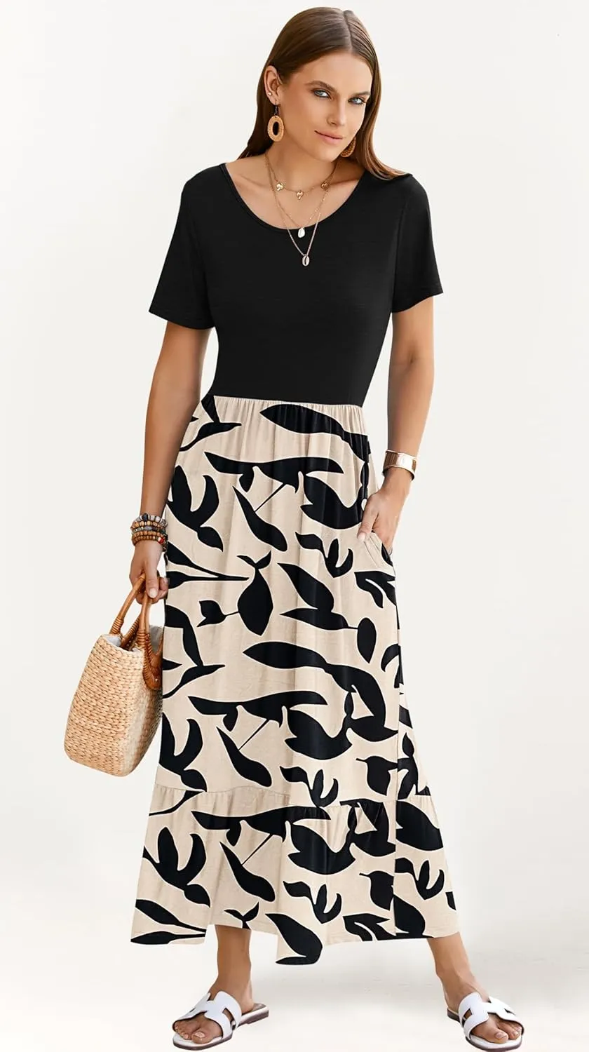 AUSELILY Womens Summer Dresses 2025 Short Sleeve Maxi Dress Crewneck Casual Sundresses with Pockets