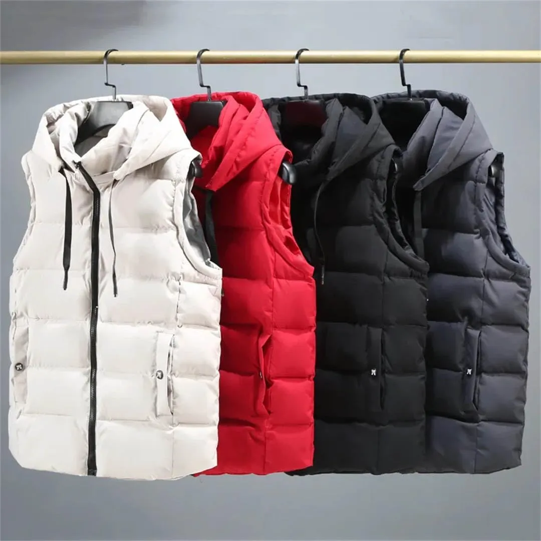Autumn Winter Black Vests Men Hooded Thick Warm Cotton Padded Sleeveless Jacket Parka Solid Zipper Waistcoat