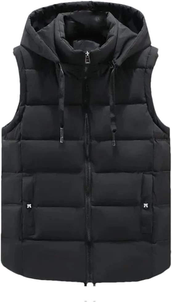 Autumn Winter Black Vests Men Hooded Thick Warm Cotton Padded Sleeveless Jacket Parka Solid Zipper Waistcoat