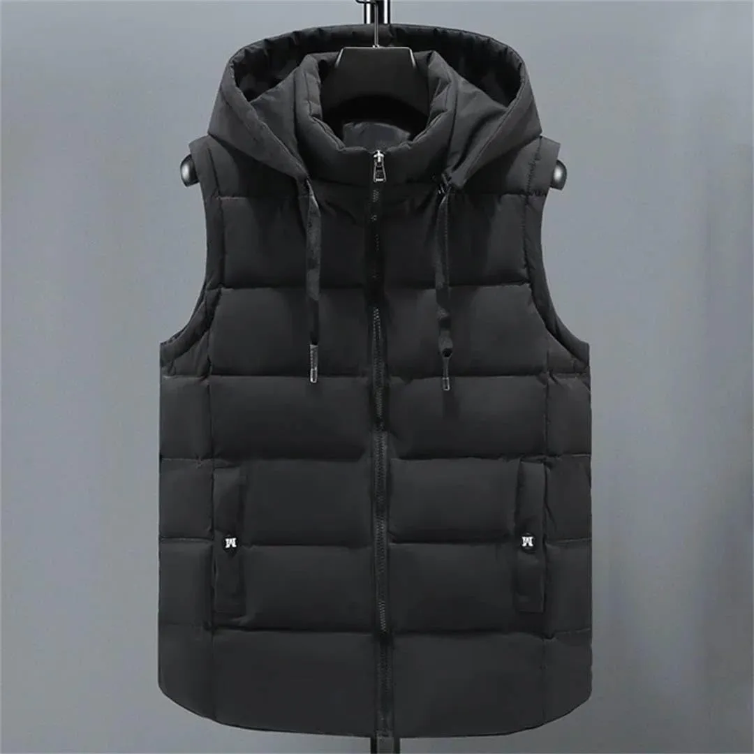 Autumn Winter Black Vests Men Hooded Thick Warm Cotton Padded Sleeveless Jacket Parka Solid Zipper Waistcoat