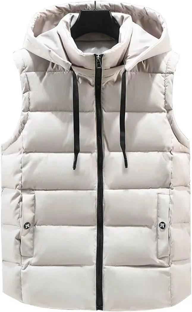 Autumn Winter Black Vests Men Hooded Thick Warm Cotton Padded Sleeveless Jacket Parka Solid Zipper Waistcoat