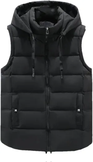 Autumn Winter Black Vests Men Hooded Thick Warm Cotton Padded Sleeveless Jacket Parka Solid Zipper Waistcoat