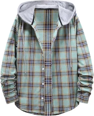 Aymnlox Hoodies for Men Fashion Long Sleeve Plaid Button Shirts Jacket With Hood Casual Stylish Drawstring Sweatshirts 2024