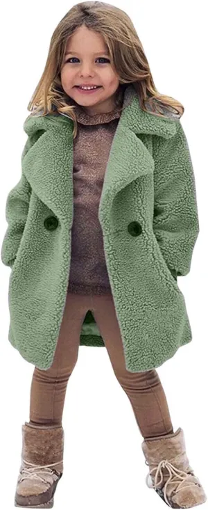 Baby Girls Faux Fur Jacket Long Teddy Coat Toddler Trench Coat Fuzzy Fleece Jacket Long Winter Coat Thicken Outerwear