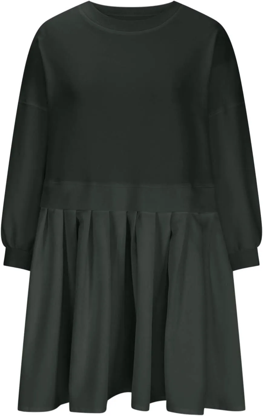 Babydoll Dresses Fall 2024 Long Sleeve Pleated A Line Swing Patchwork Lightweight Dress Crewneck Casual Mini Dresses
