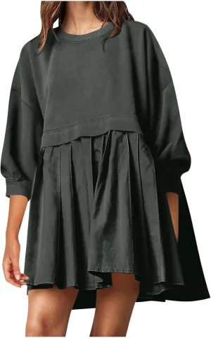 Babydoll Dresses Fall 2024 Long Sleeve Pleated A Line Swing Patchwork Lightweight Dress Crewneck Casual Mini Dresses