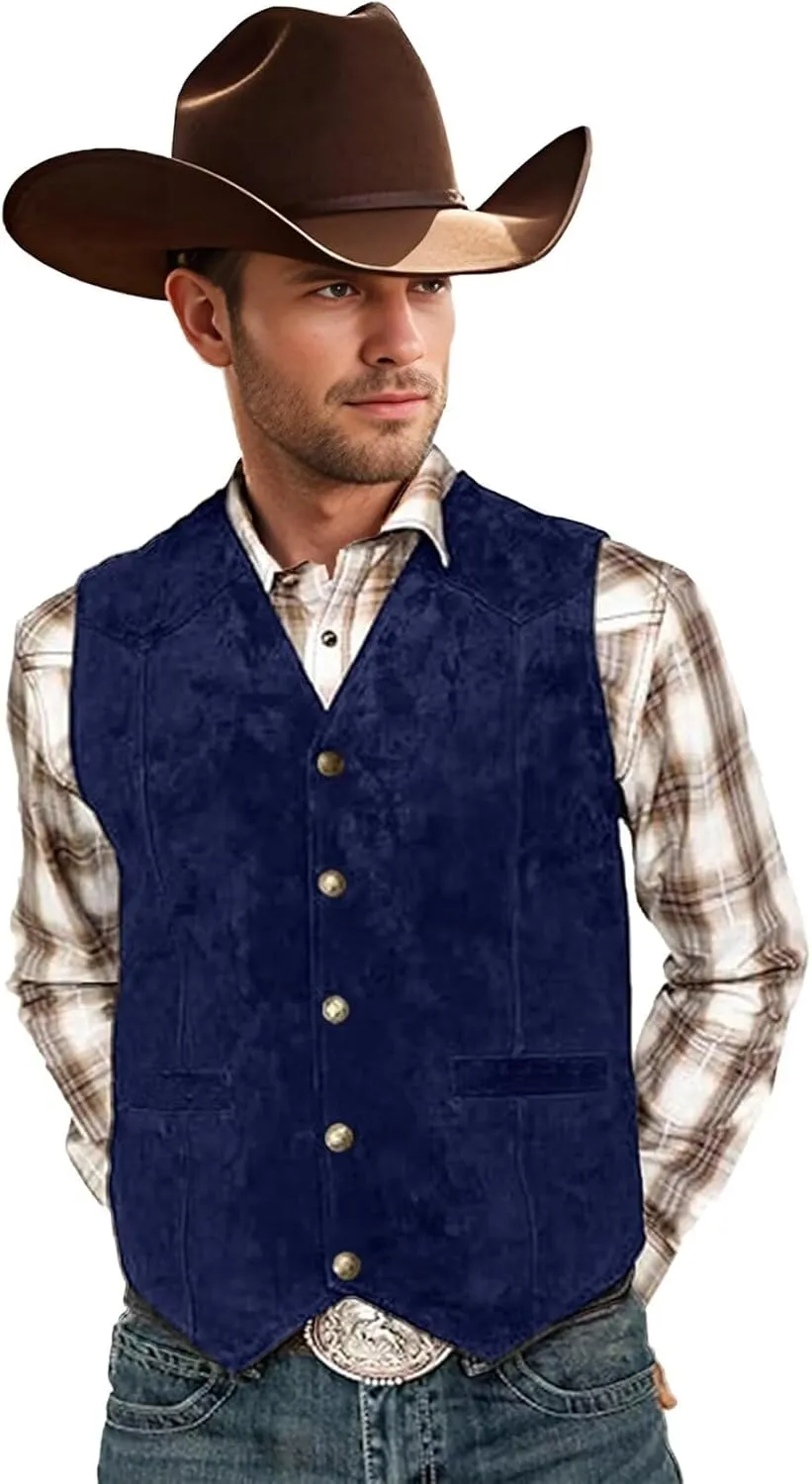 Bakerbear Retro Men's Cowboy Vest Western Suede Leather Dress Suit Vests Waistcoat for Wedding
