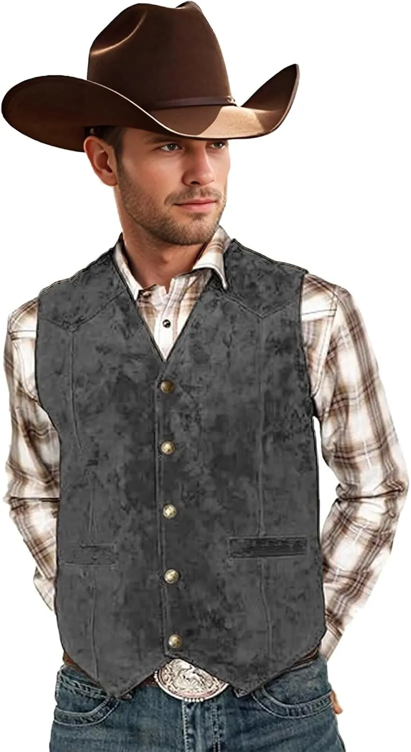 Bakerbear Retro Men's Cowboy Vest Western Suede Leather Dress Suit Vests Waistcoat for Wedding
