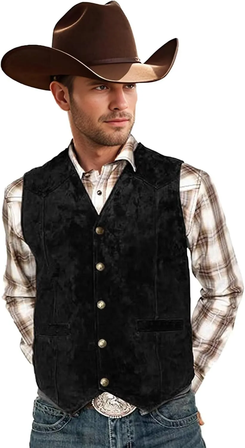 Bakerbear Retro Men's Cowboy Vest Western Suede Leather Dress Suit Vests Waistcoat for Wedding
