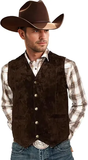 Bakerbear Retro Men's Cowboy Vest Western Suede Leather Dress Suit Vests Waistcoat for Wedding