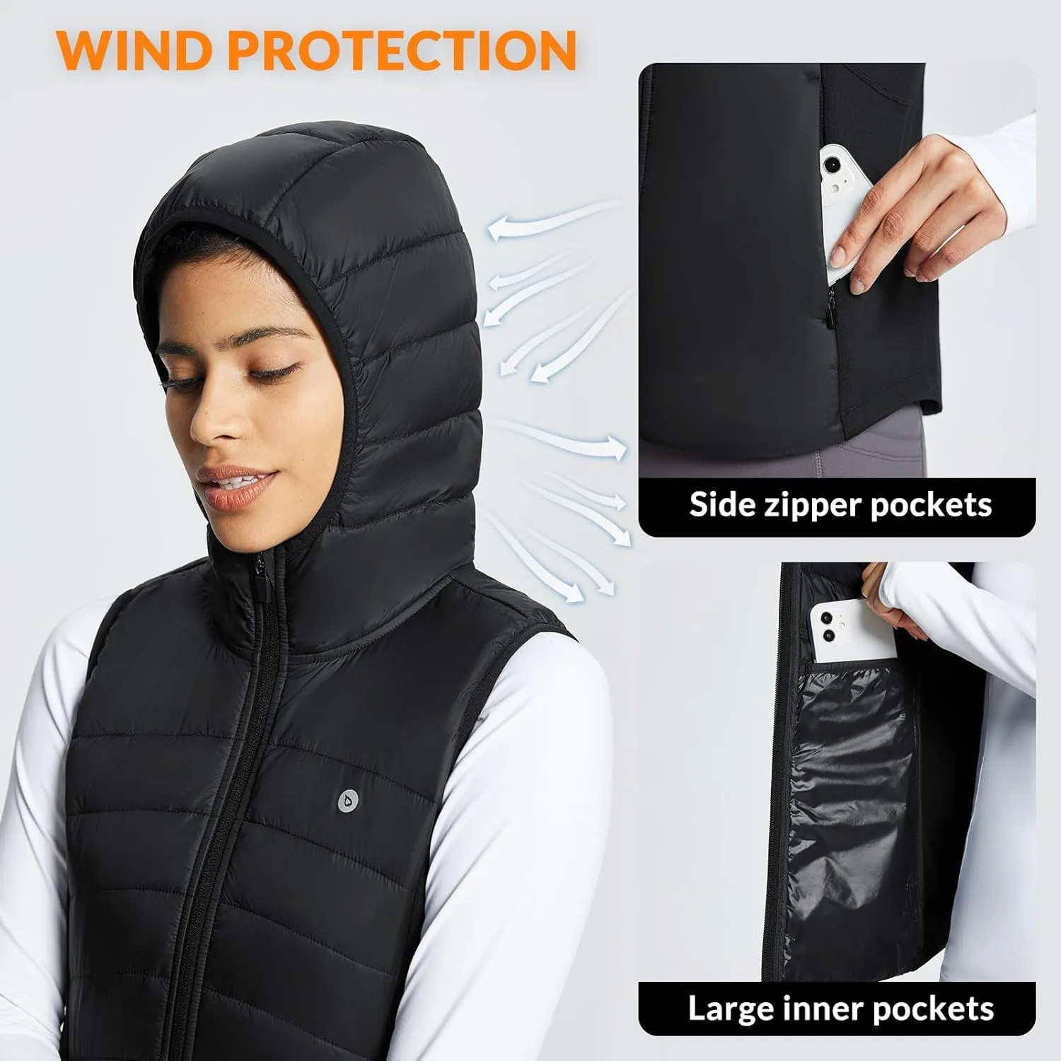 baleaf Women's Puffer Vest Hooded Running Vests Slim Fit Fleece Sleeveless Lightweight Jacket Fall Winter