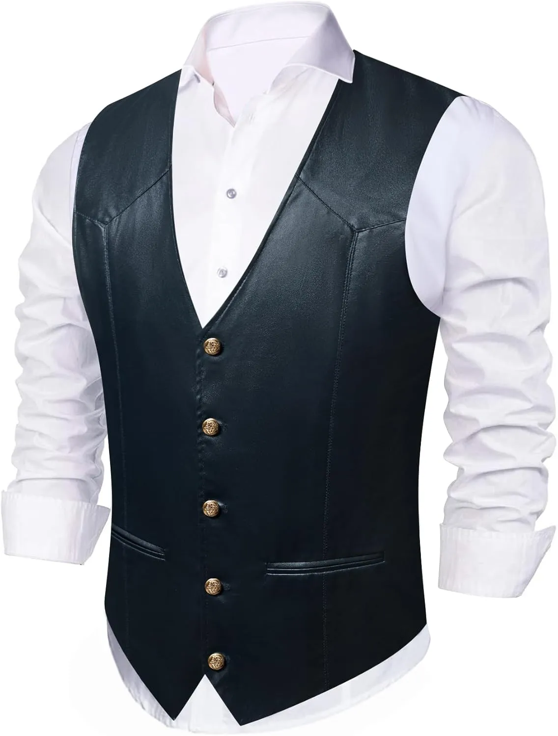 Barry.Wang Mens Leather Suit Vests Casual Western Cowboy Vest V-neck Jacket Lightweight Waistcoat