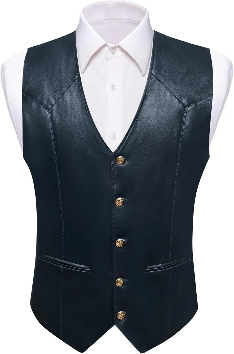 Barry.Wang Mens Leather Suit Vests Casual Western Cowboy Vest V-neck Jacket Lightweight Waistcoat