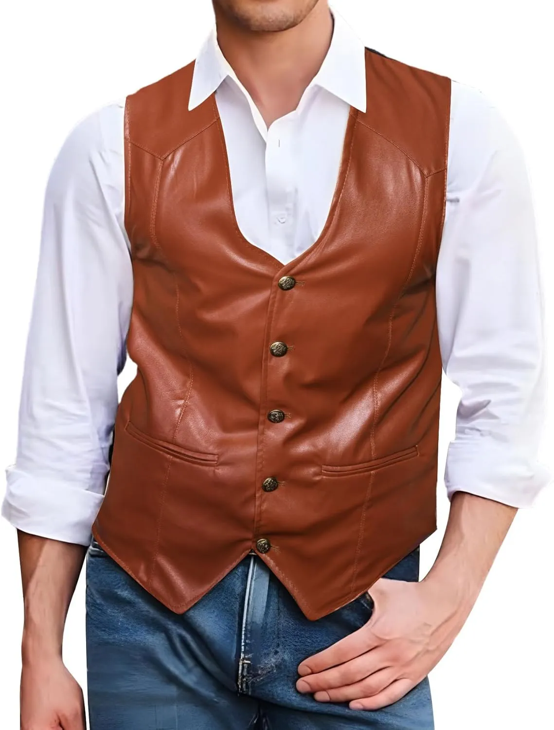 Barry.Wang Mens Leather Suit Vests Casual Western Cowboy Vest V-neck Jacket Lightweight Waistcoat