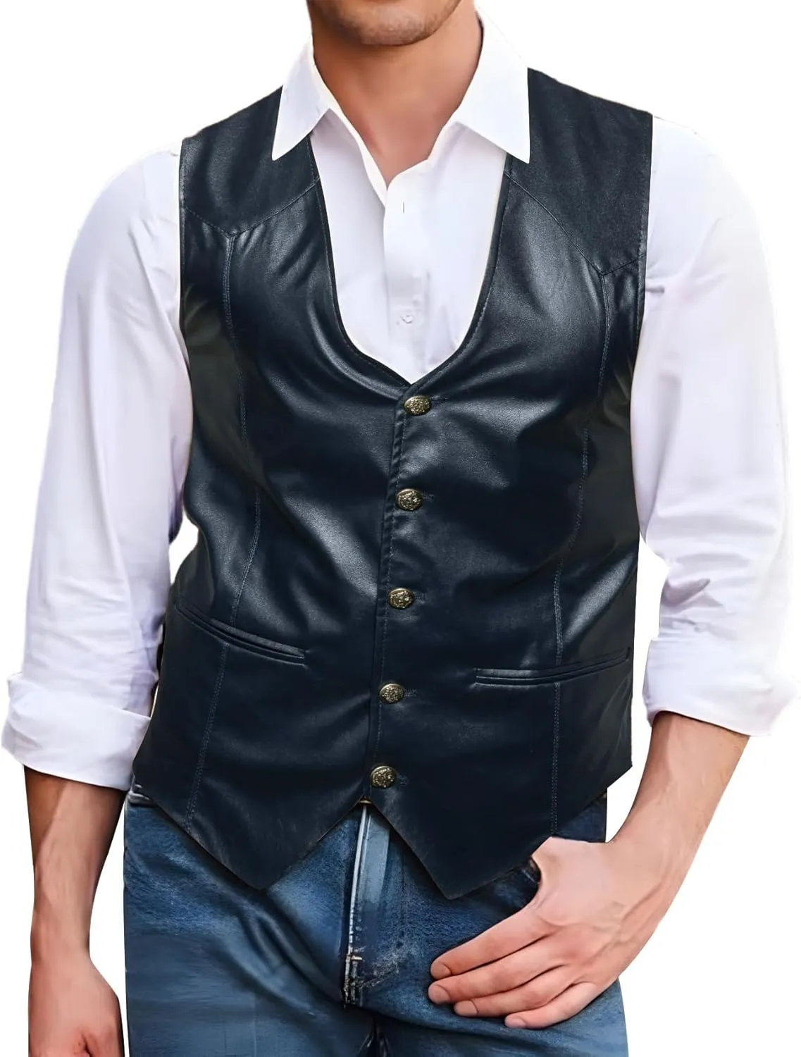 Barry.Wang Mens Leather Suit Vests Casual Western Cowboy Vest V-neck Jacket Lightweight Waistcoat