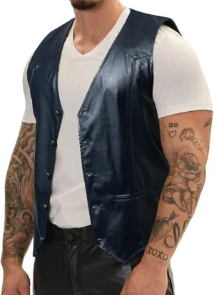 Barry.Wang Mens Leather Suit Vests Casual Western Cowboy Vest V-neck Jacket Lightweight Waistcoat