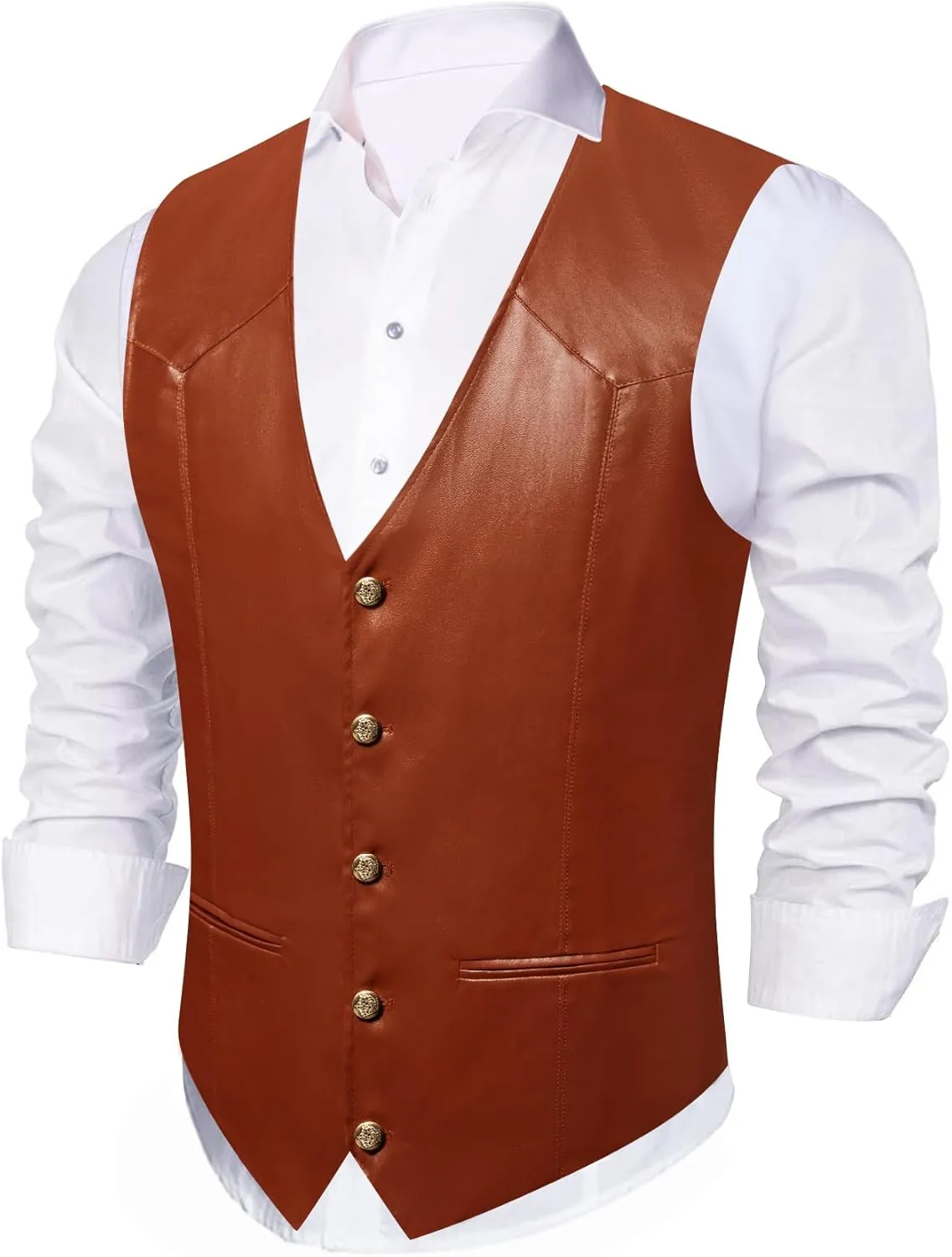 Barry.Wang Mens Leather Suit Vests Casual Western Cowboy Vest V-neck Jacket Lightweight Waistcoat