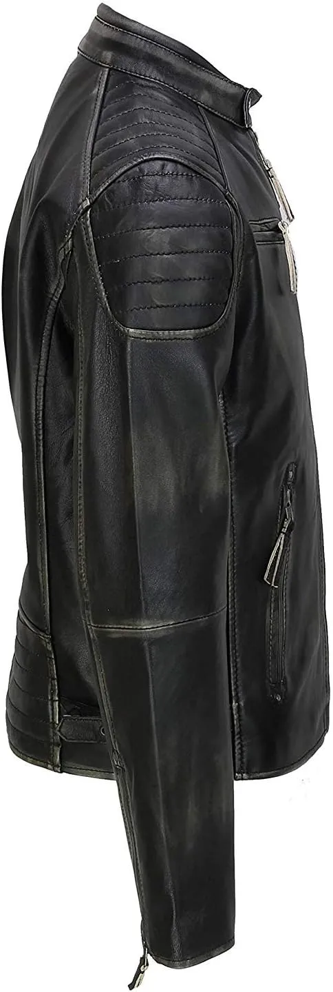 Black Leather Jacket Men - Black Real Lambskin Mens Motorcycle Jacket