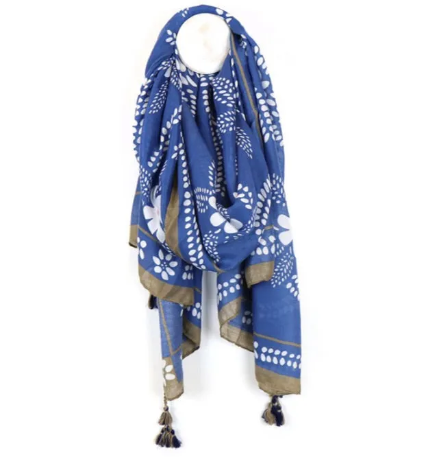BLUE MIX STENCIL PRINT SCARF WITH TASSELS