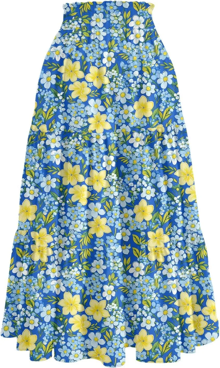Boho Dresses for Women 2025 Loose Casual Trendy Floral Print Elastic Waist Lightweight Hawaiian Maxi Skirts, S-2XL