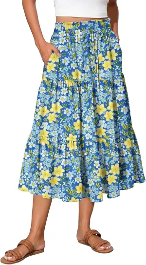 Boho Dresses for Women 2025 Loose Casual Trendy Floral Print Elastic Waist Lightweight Hawaiian Maxi Skirts, S-2XL