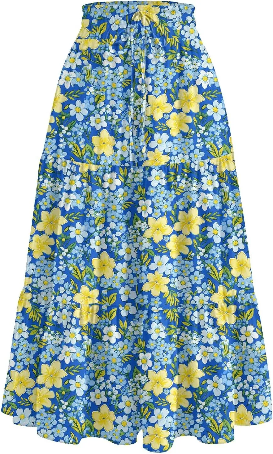 Boho Dresses for Women 2025 Loose Casual Trendy Floral Print Elastic Waist Lightweight Hawaiian Maxi Skirts, S-2XL