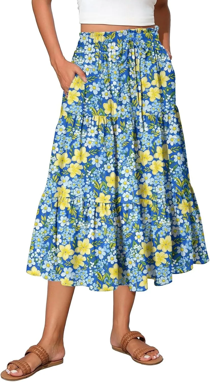 Boho Dresses for Women 2025 Loose Casual Trendy Floral Print Elastic Waist Lightweight Hawaiian Maxi Skirts, S-2XL
