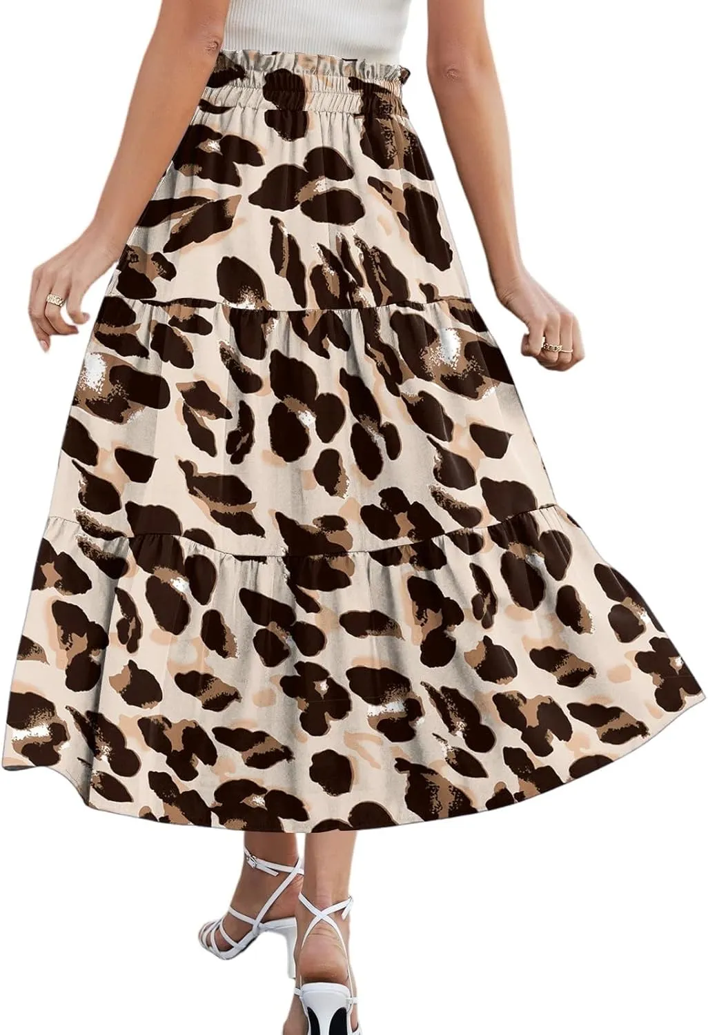 Boho Floral Midi Skirt for Women Summer Comfy Tiered Elastic High Waisted Vacation A-Line Flowy Swing Long