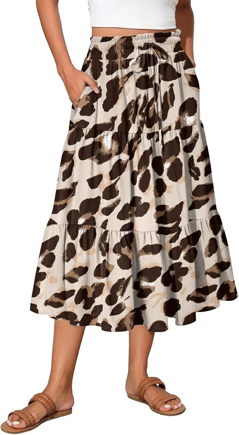 Boho Floral Midi Skirt for Women Summer Comfy Tiered Elastic High Waisted Vacation A-Line Flowy Swing Long