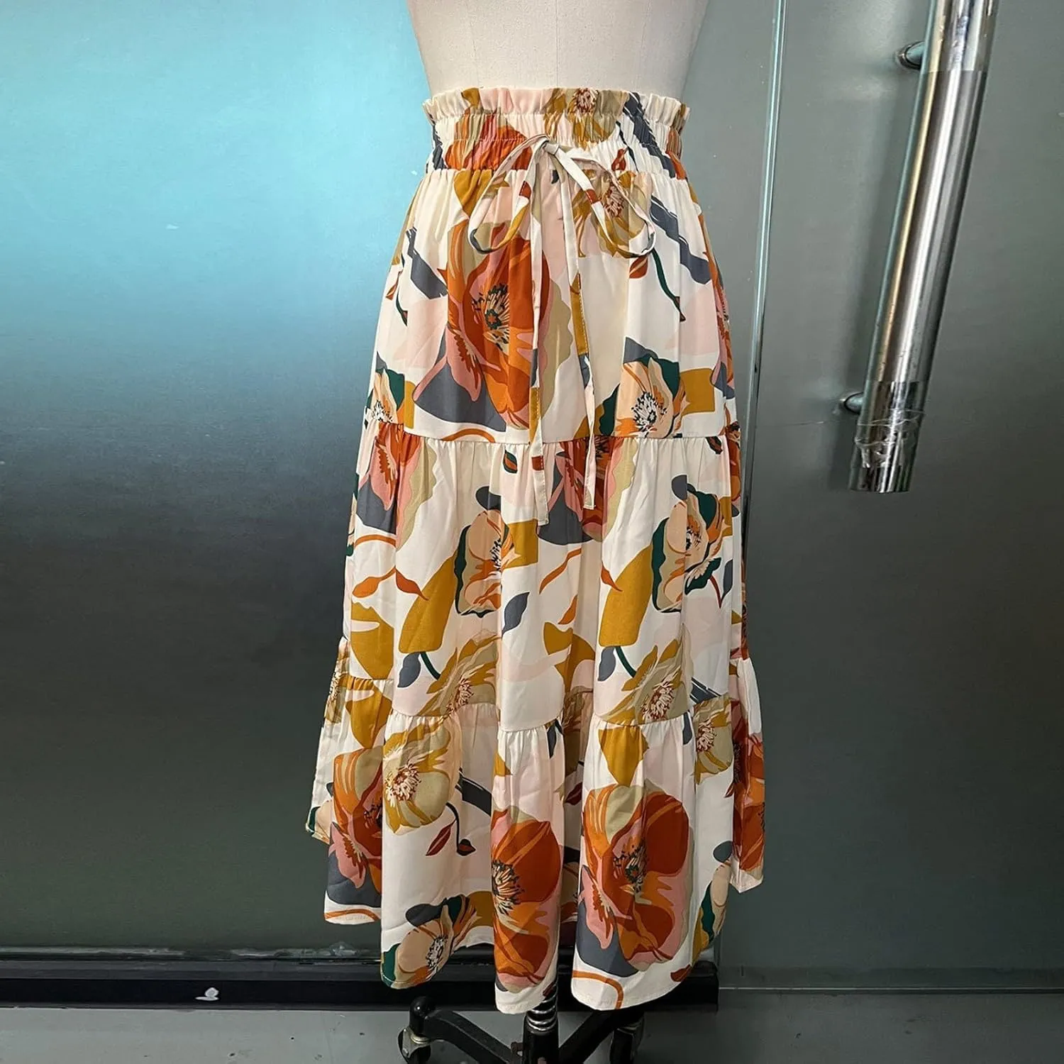 Boho Floral Midi Skirt for Women Summer Comfy Tiered Elastic High Waisted Vacation A-Line Flowy Swing Long