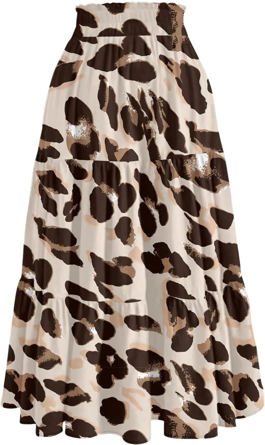 Boho Floral Midi Skirt for Women Summer Comfy Tiered Elastic High Waisted Vacation A-Line Flowy Swing Long