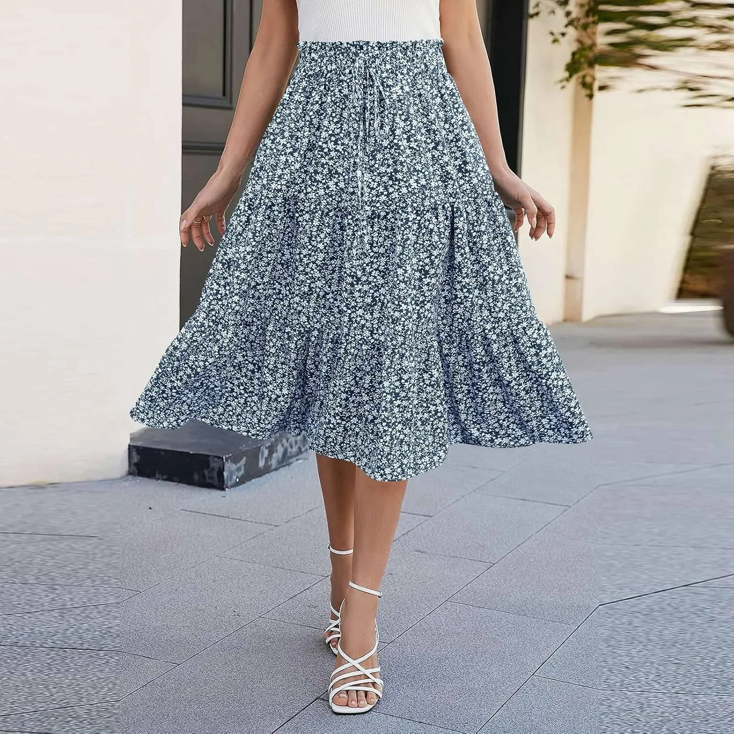 Boho Skirts for Women Drawstring Elastic High Waisted Summer Midi Skirt Work A Line Tiered Pleated Skirts Knee Length