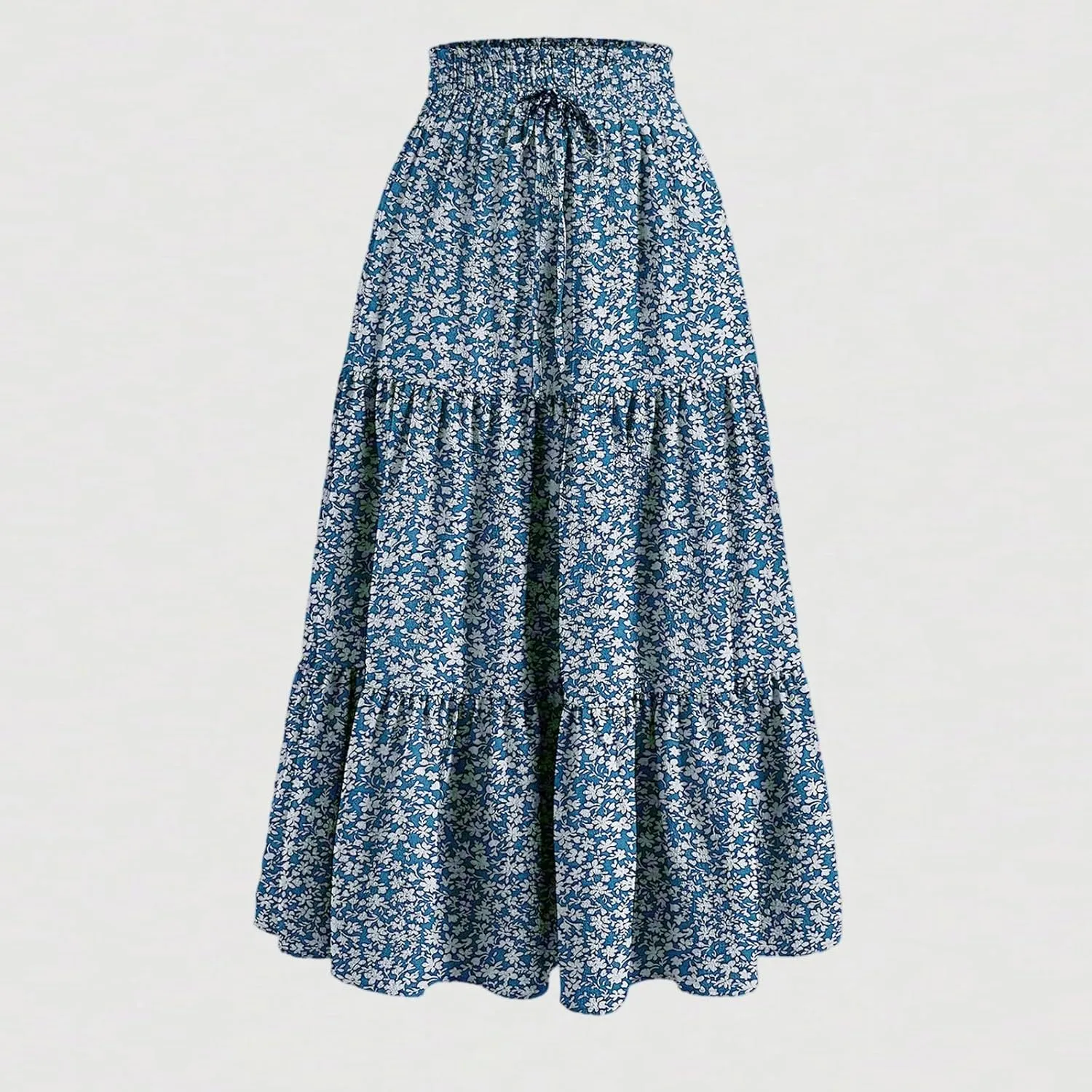Boho Skirts for Women Drawstring Elastic High Waisted Summer Midi Skirt Work A Line Tiered Pleated Skirts Knee Length