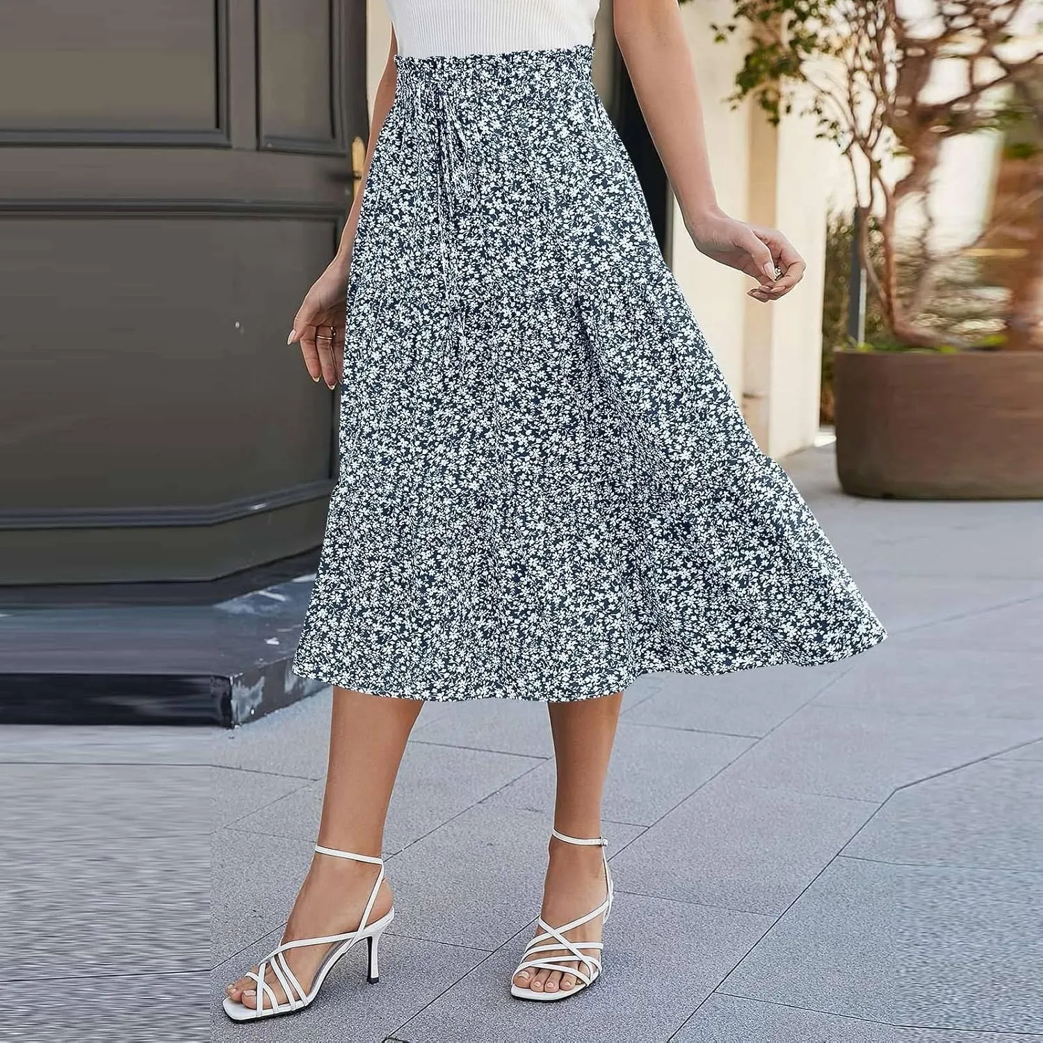 Boho Skirts for Women Drawstring Elastic High Waisted Summer Midi Skirt Work A Line Tiered Pleated Skirts Knee Length