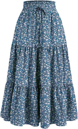 Boho Skirts for Women Drawstring Elastic High Waisted Summer Midi Skirt Work A Line Tiered Pleated Skirts Knee Length