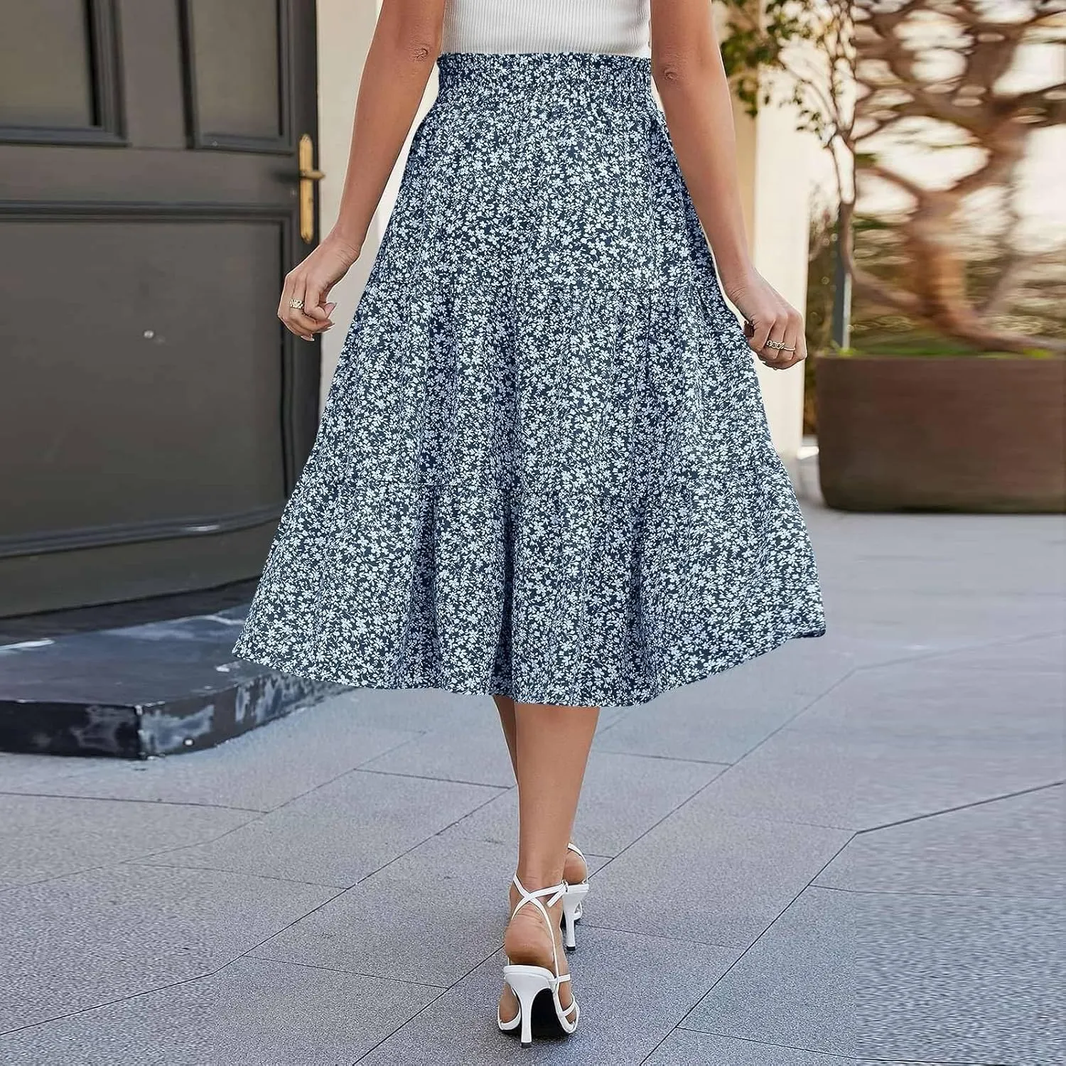 Boho Skirts for Women Drawstring Elastic High Waisted Summer Midi Skirt Work A Line Tiered Pleated Skirts Knee Length