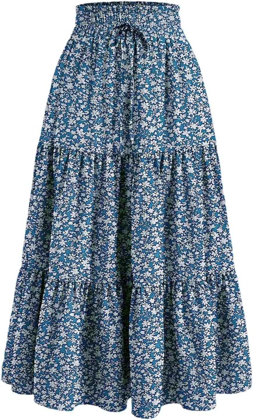 Boho Skirts for Women Drawstring Elastic High Waisted Summer Midi Skirt Work A Line Tiered Pleated Skirts Knee Length