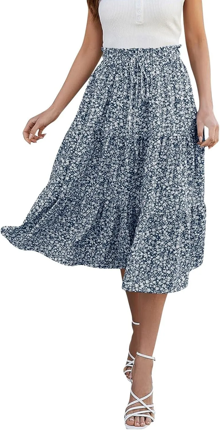 Boho Skirts for Women Drawstring Elastic High Waisted Summer Midi Skirt Work A Line Tiered Pleated Skirts Knee Length