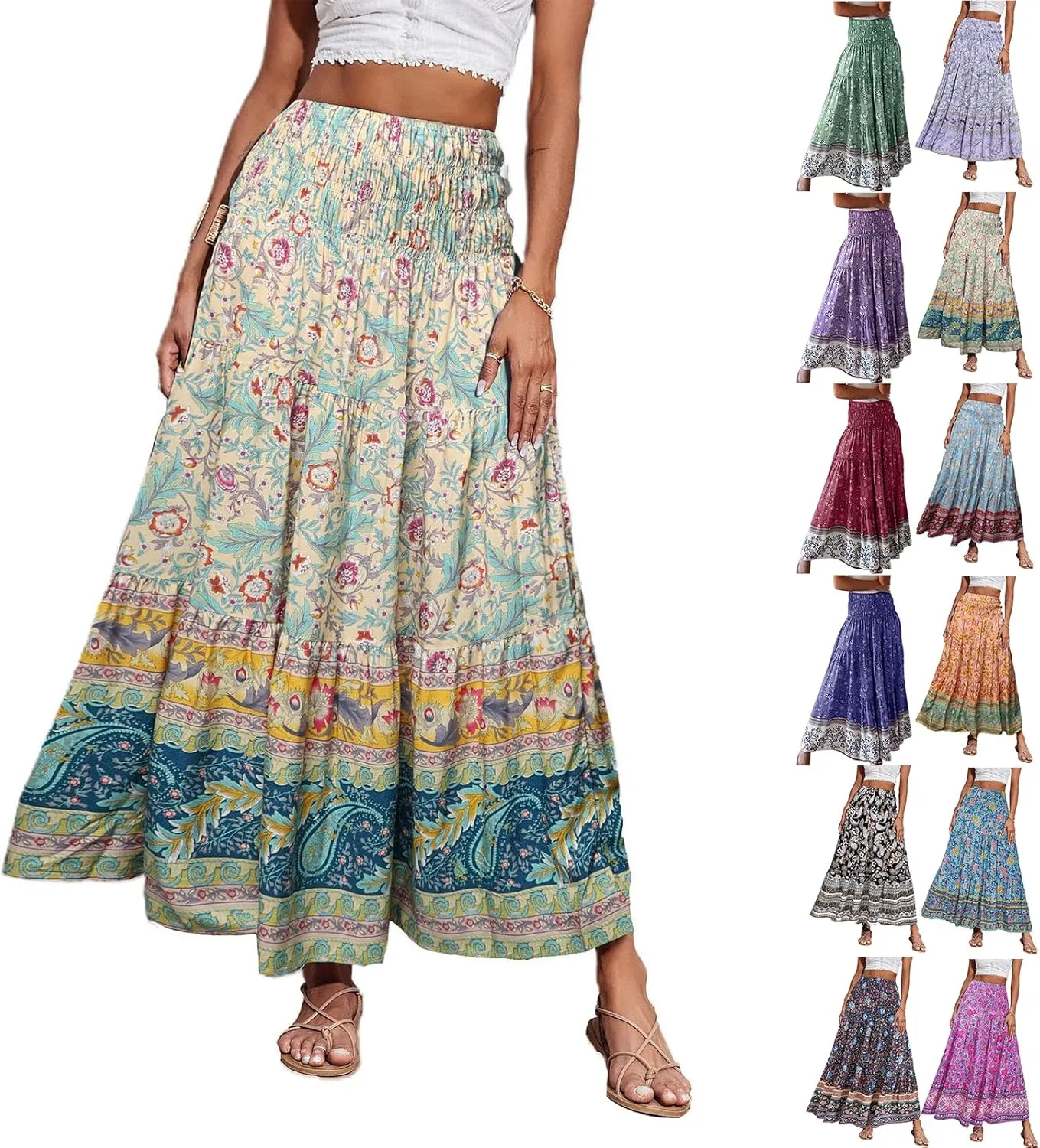 Boho Skirts for Women Summer Casual Flowy Floral Tiered Pleated Stretchy High Waisted Cute Beach A Line Long Skirts