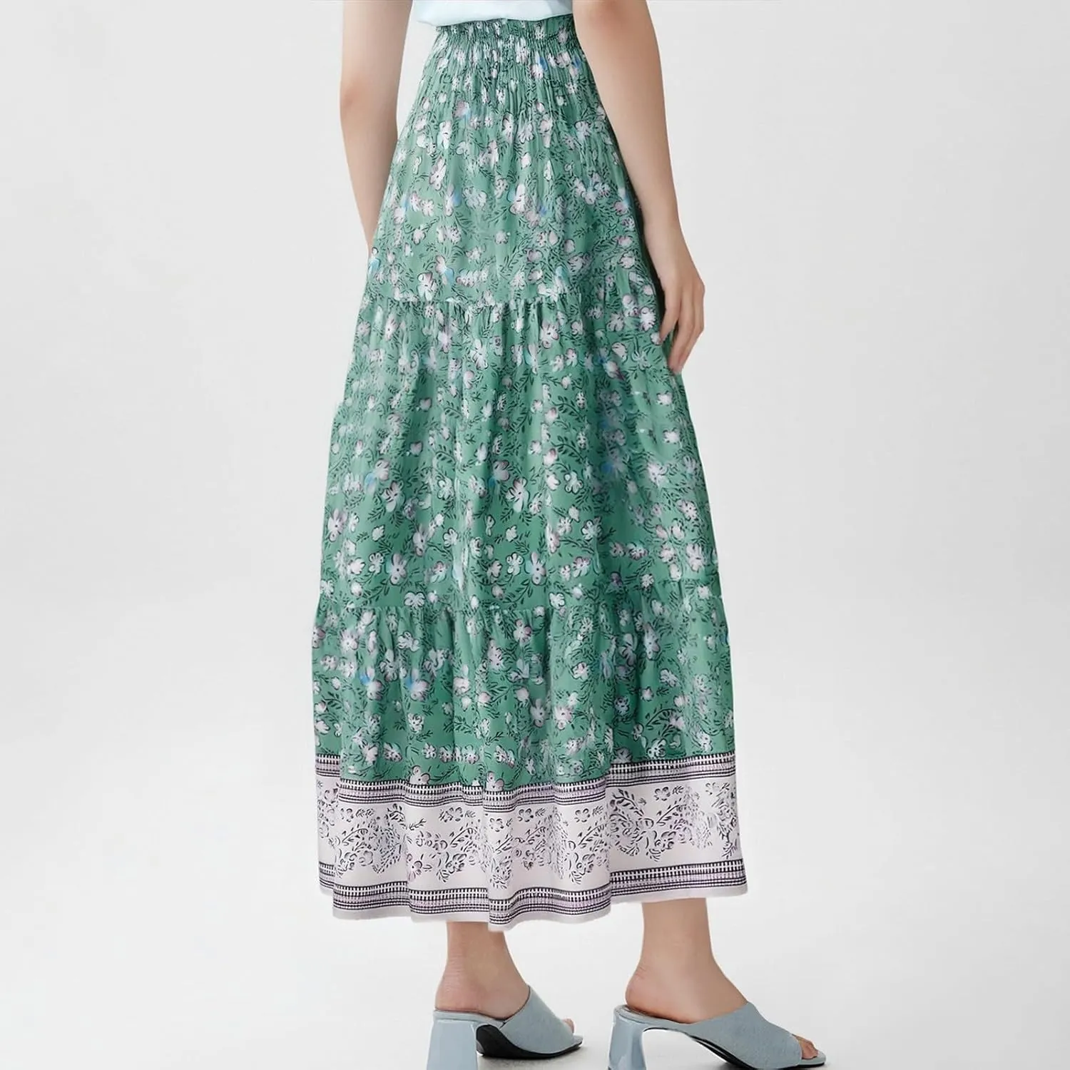 Boho Skirts for Women Summer Casual Flowy Floral Tiered Pleated Stretchy High Waisted Cute Beach A Line Long Skirts