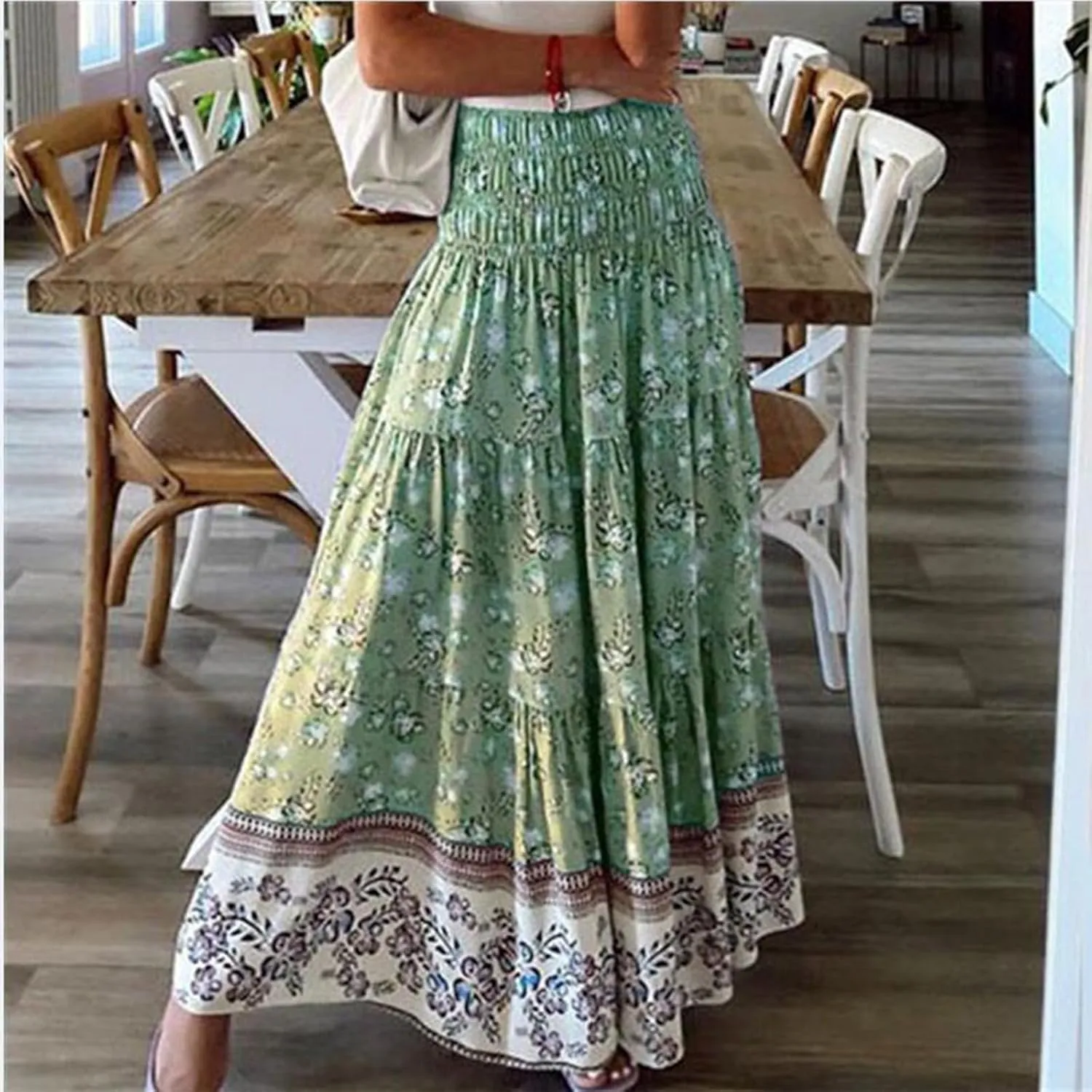 Boho Skirts for Women Summer Casual Flowy Floral Tiered Pleated Stretchy High Waisted Cute Beach A Line Long Skirts
