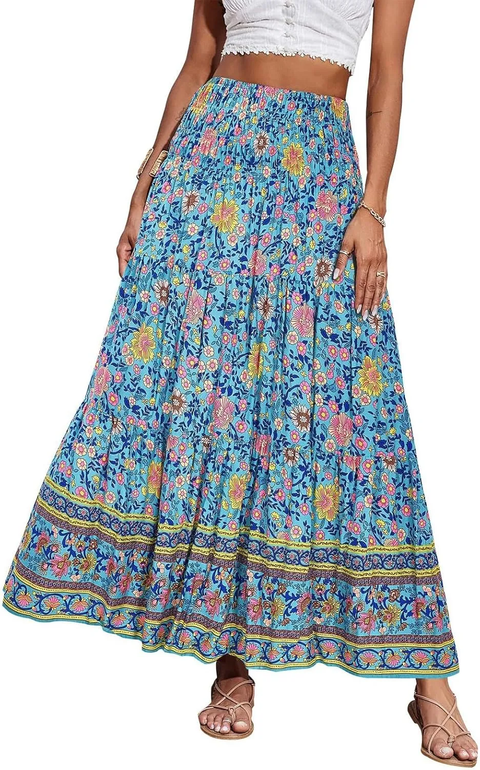 Boho Skirts for Women Summer Casual Flowy Floral Tiered Pleated Stretchy High Waisted Cute Beach A Line Long Skirts
