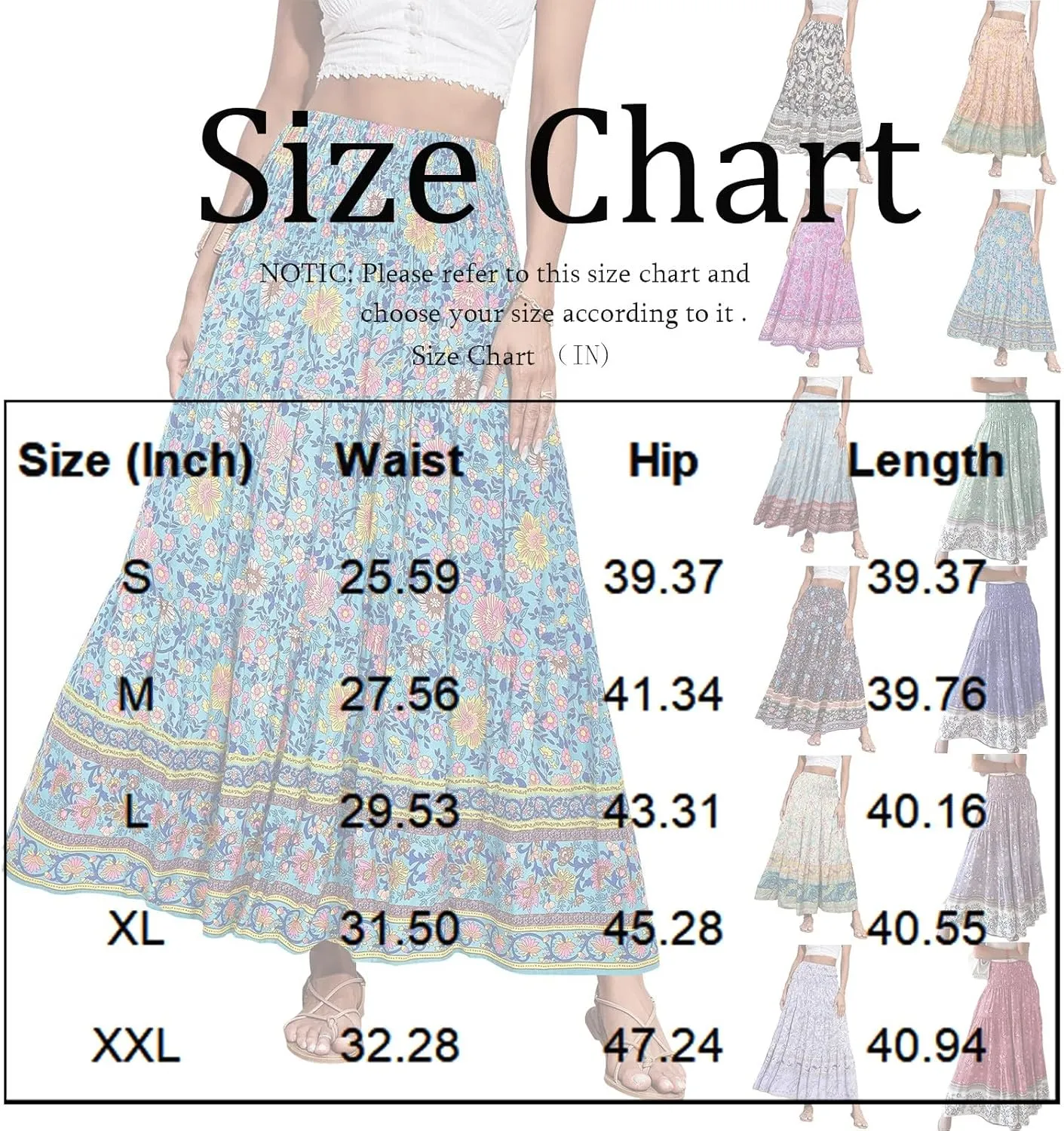 Boho Skirts for Women Summer Casual Flowy Floral Tiered Pleated Stretchy High Waisted Cute Beach A Line Long Skirts