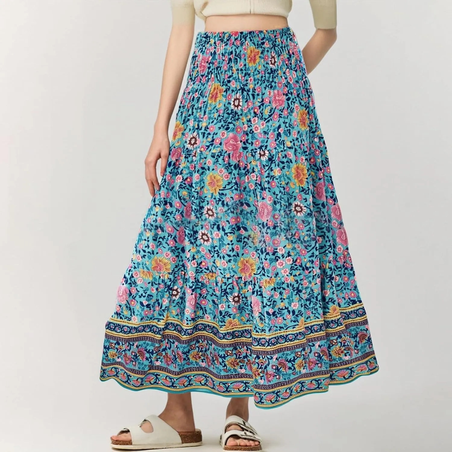Boho Skirts for Women Summer Casual Flowy Floral Tiered Pleated Stretchy High Waisted Cute Beach A Line Long Skirts