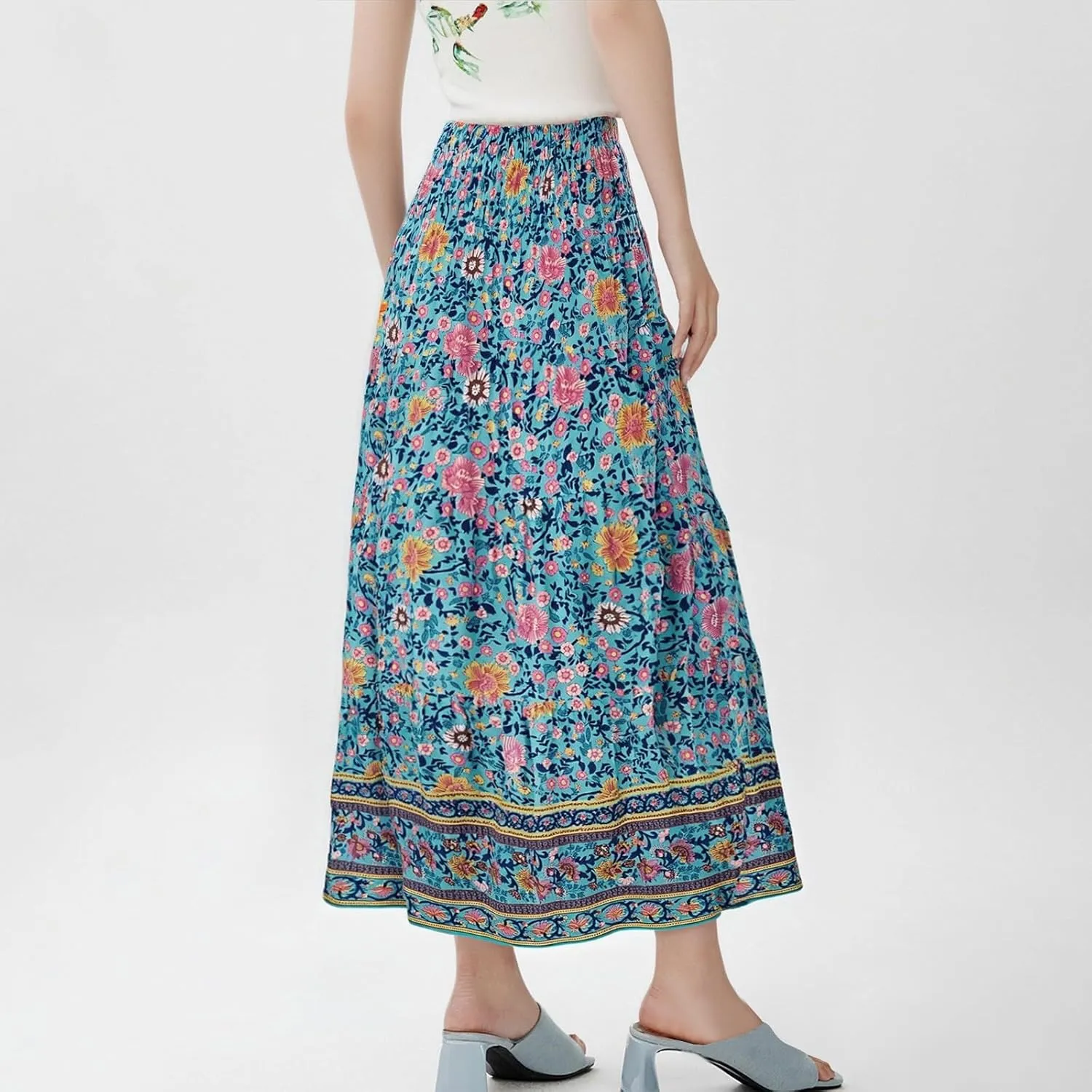 Boho Skirts for Women Summer Casual Flowy Floral Tiered Pleated Stretchy High Waisted Cute Beach A Line Long Skirts