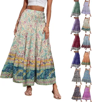 Boho Skirts for Women Summer Casual Flowy Floral Tiered Pleated Stretchy High Waisted Cute Beach A Line Long Skirts