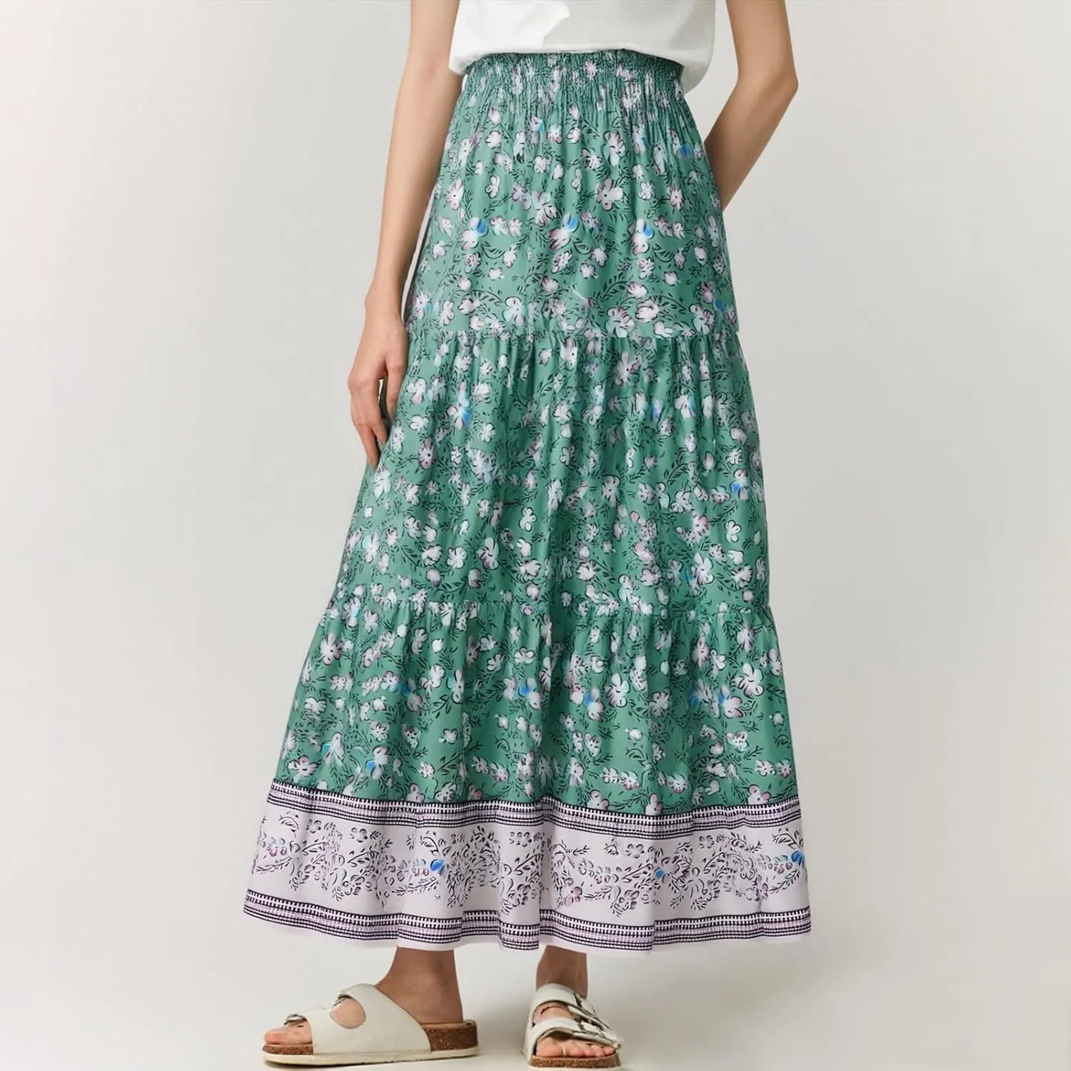 Boho Skirts for Women Summer Casual Flowy Floral Tiered Pleated Stretchy High Waisted Cute Beach A Line Long Skirts