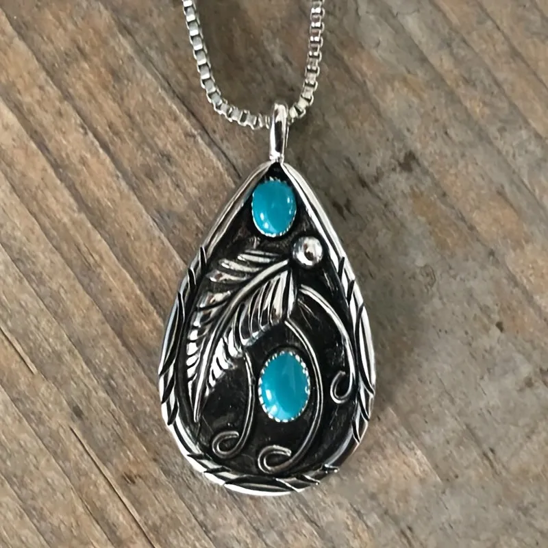Boho Vintage Pendant Necklace with Turquoise Feather for WomenMen